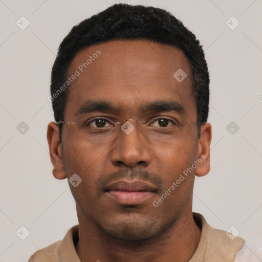 Neutral black young-adult male with short  black hair and brown eyes
