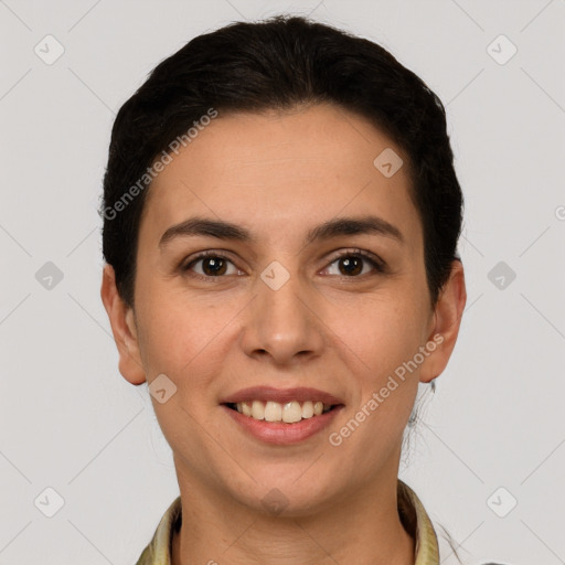 Joyful white young-adult female with short  brown hair and brown eyes