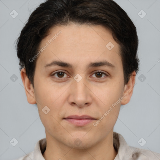 Joyful white young-adult female with short  brown hair and brown eyes