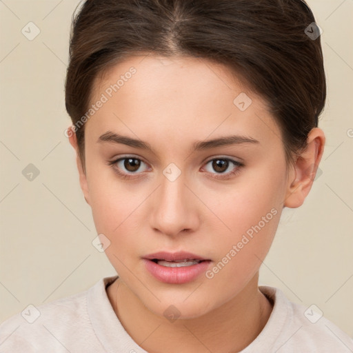 Neutral white young-adult female with short  brown hair and brown eyes