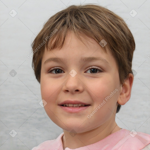 Joyful white child female with short  brown hair and brown eyes