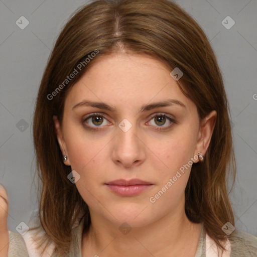 Neutral white young-adult female with medium  brown hair and brown eyes