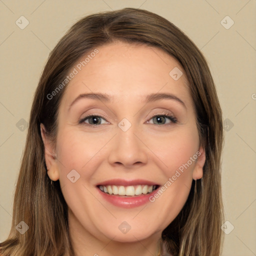 Joyful white young-adult female with long  brown hair and brown eyes