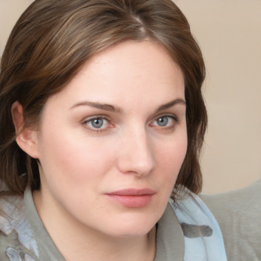 Neutral white young-adult female with medium  brown hair and grey eyes