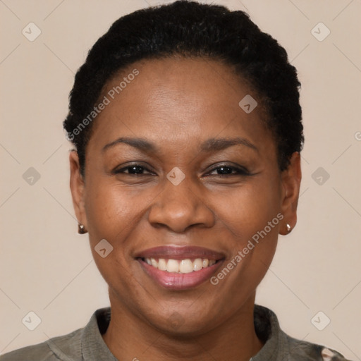 Joyful black adult female with short  black hair and brown eyes