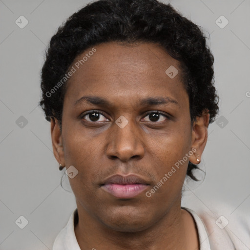 Neutral black young-adult female with short  black hair and brown eyes