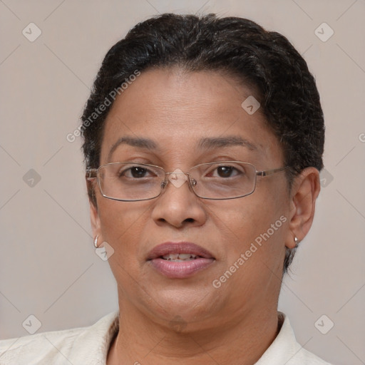 Joyful asian adult female with short  brown hair and brown eyes