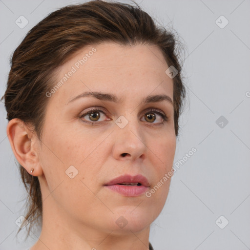 Neutral white young-adult female with medium  brown hair and brown eyes