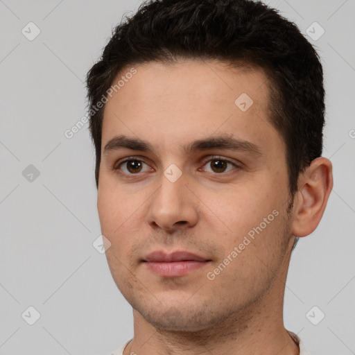 Neutral white young-adult male with short  brown hair and brown eyes