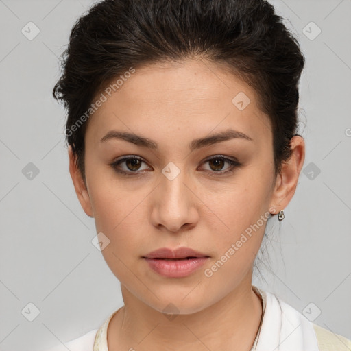 Neutral white young-adult female with short  brown hair and brown eyes