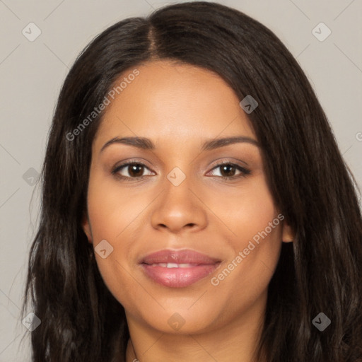 Joyful latino young-adult female with long  brown hair and brown eyes