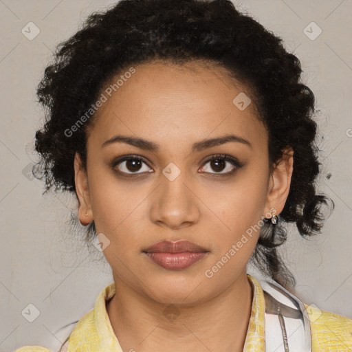 Neutral latino young-adult female with medium  black hair and brown eyes