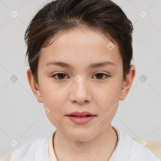 Joyful white child female with short  brown hair and brown eyes