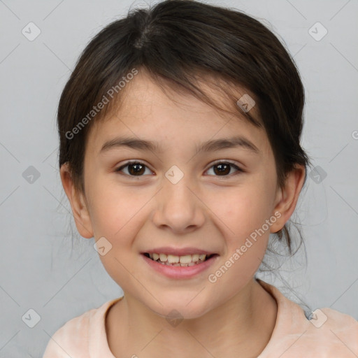 Joyful white child female with medium  brown hair and brown eyes