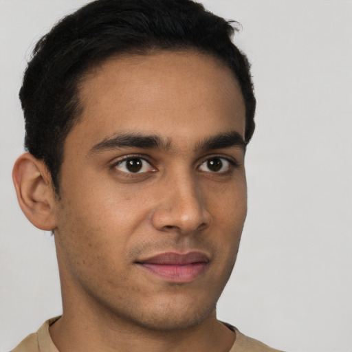 Neutral latino young-adult male with short  brown hair and brown eyes