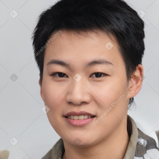 Joyful asian young-adult male with short  black hair and brown eyes