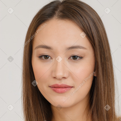 Neutral white young-adult female with long  brown hair and brown eyes