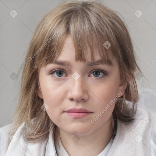 Neutral white young-adult female with medium  brown hair and grey eyes