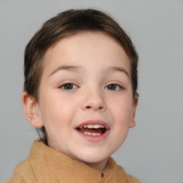 Joyful white child female with medium  brown hair and brown eyes