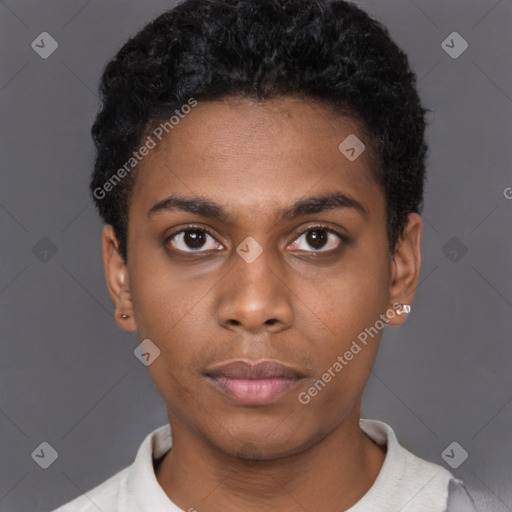 Neutral black young-adult male with short  black hair and brown eyes