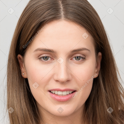 Joyful white young-adult female with long  brown hair and grey eyes