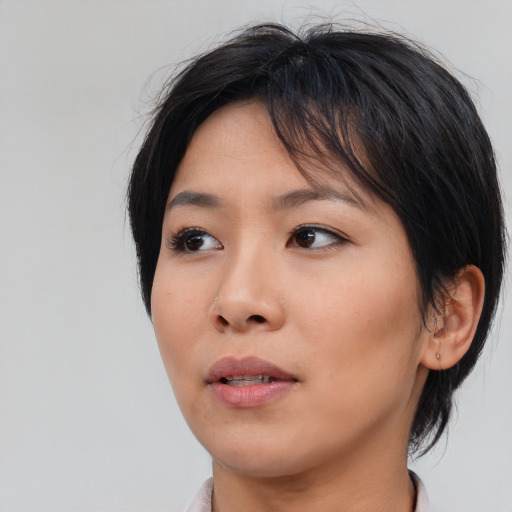 Neutral asian young-adult female with medium  brown hair and brown eyes