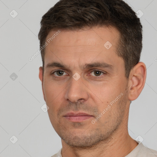 Neutral white adult male with short  brown hair and brown eyes