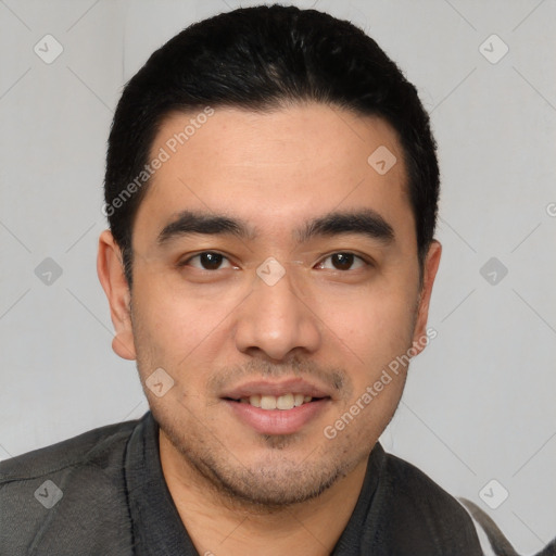 Joyful white young-adult male with short  black hair and brown eyes