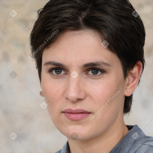 Neutral white young-adult female with medium  brown hair and brown eyes