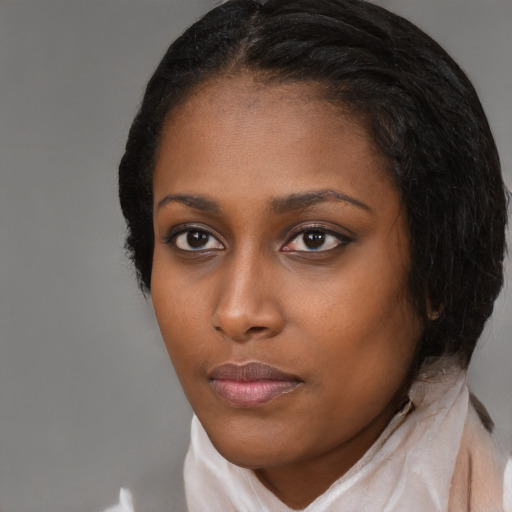Neutral black young-adult female with medium  black hair and brown eyes