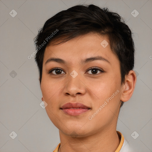 Joyful latino young-adult female with short  brown hair and brown eyes