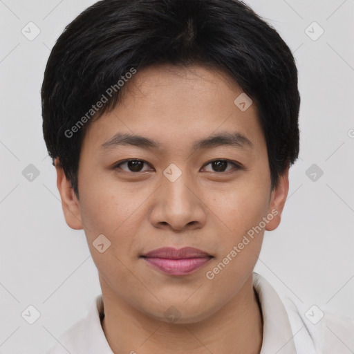 Joyful asian young-adult female with short  brown hair and brown eyes