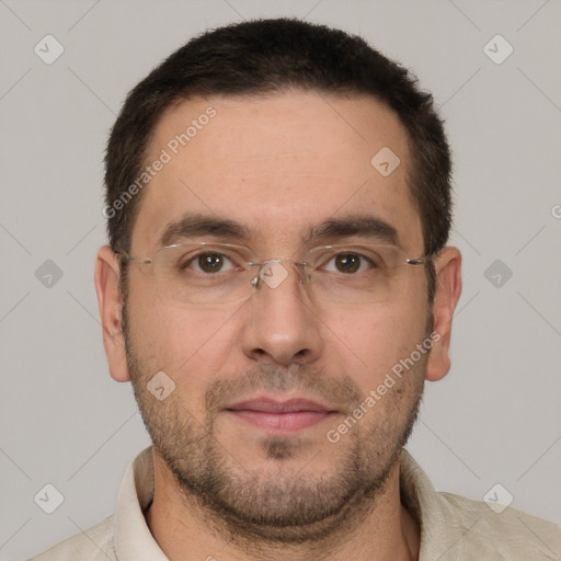 Neutral white adult male with short  brown hair and brown eyes