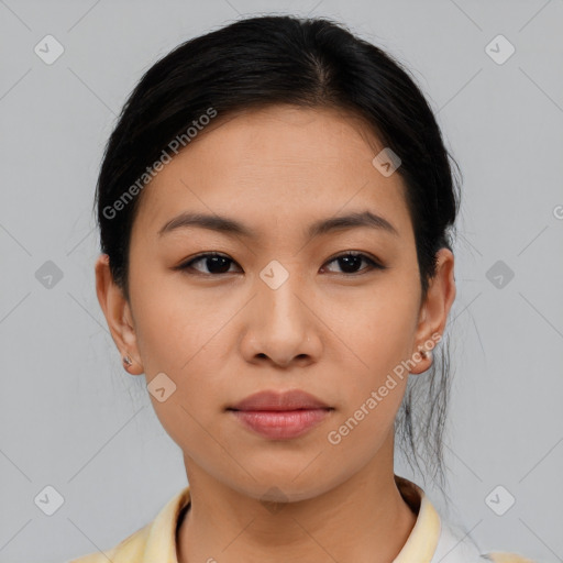 Neutral asian young-adult female with medium  brown hair and brown eyes