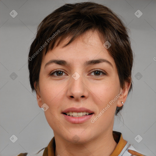 Joyful white young-adult female with medium  brown hair and brown eyes