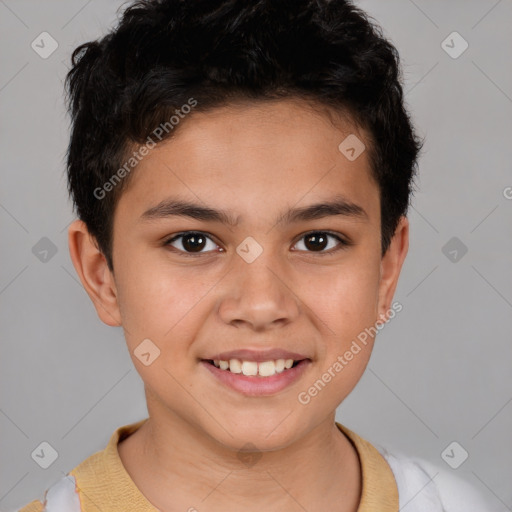 Joyful white child male with short  brown hair and brown eyes