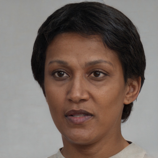 Neutral latino adult female with short  black hair and brown eyes