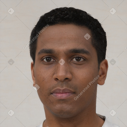 Neutral black young-adult male with short  black hair and brown eyes
