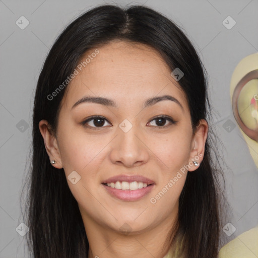Joyful white young-adult female with long  brown hair and brown eyes
