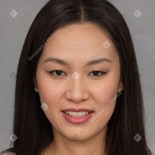 Joyful asian young-adult female with long  brown hair and brown eyes