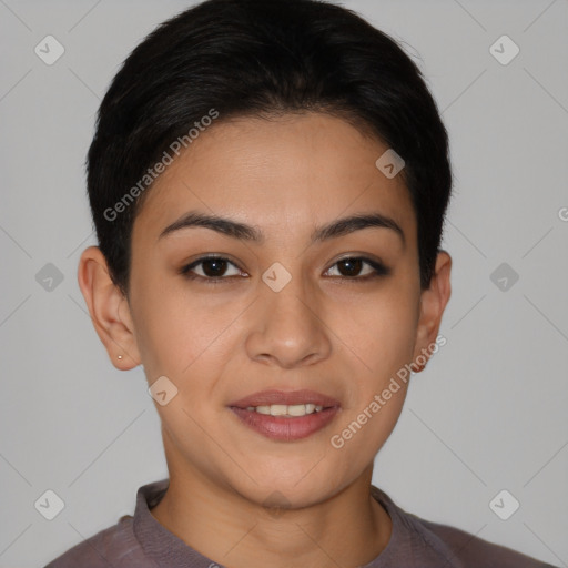 Joyful latino young-adult female with short  brown hair and brown eyes