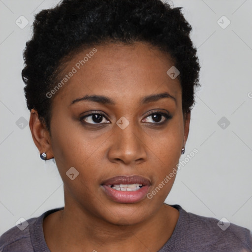 Neutral black young-adult female with short  brown hair and brown eyes