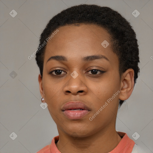 Neutral black young-adult female with short  brown hair and brown eyes