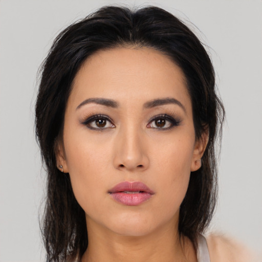 Neutral asian young-adult female with medium  black hair and brown eyes