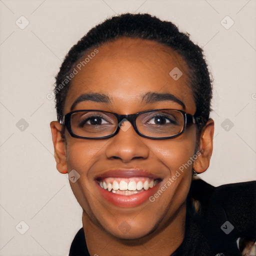 Joyful latino young-adult female with short  black hair and brown eyes