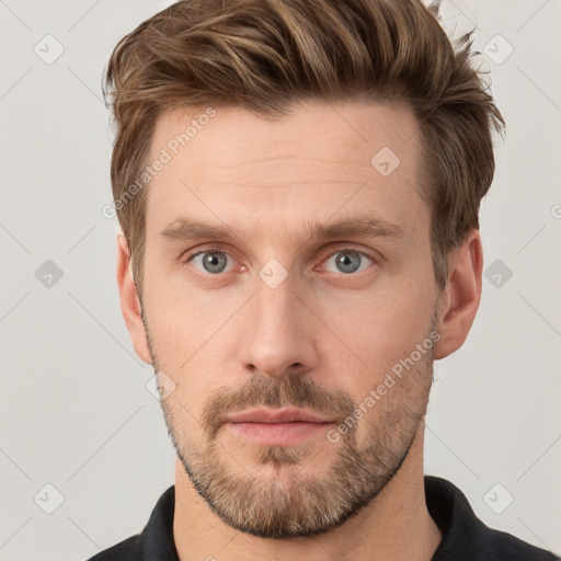 Neutral white young-adult male with short  brown hair and grey eyes