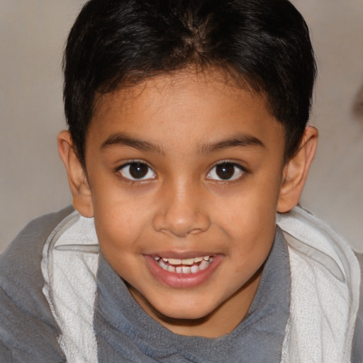 Joyful white child female with short  brown hair and brown eyes