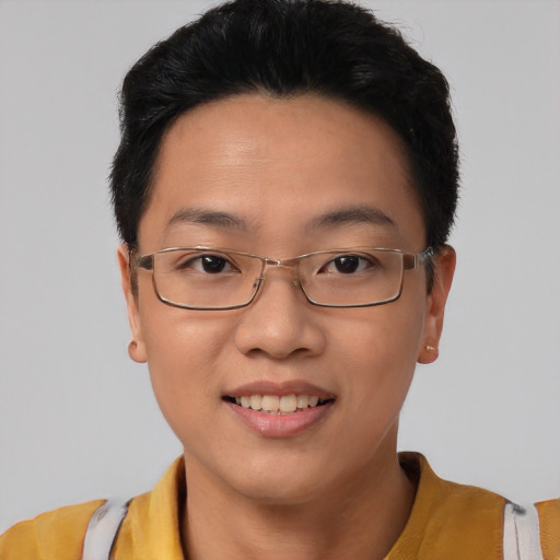 Joyful asian young-adult female with short  black hair and brown eyes