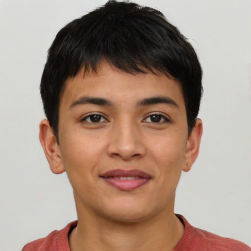 Joyful asian young-adult female with short  brown hair and brown eyes