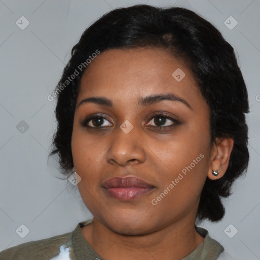 Joyful asian young-adult female with medium  black hair and brown eyes